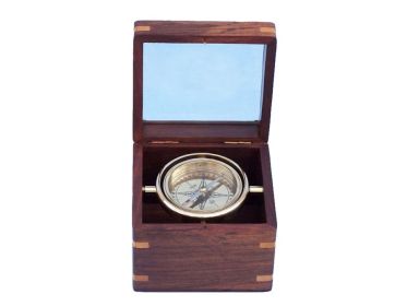 Solid Brass Lifeboat Compass w/ Rosewood Box 5""