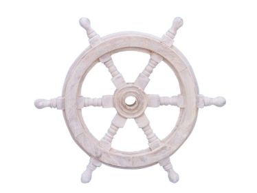 Classic Wooden Whitewashed Decorative Ship Steering Wheel 12""