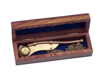 Antique Brass Boatswain (Bosun) Whistle 5"" w/ Rosewood Box