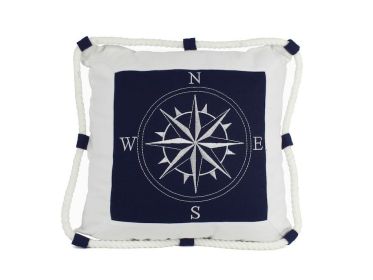 Blue Compass With Nautical Rope Decorative Throw Pillow 16""