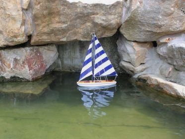 Wooden It Floats 12"" - Rustic Blue Striped Floating Sailboat Model