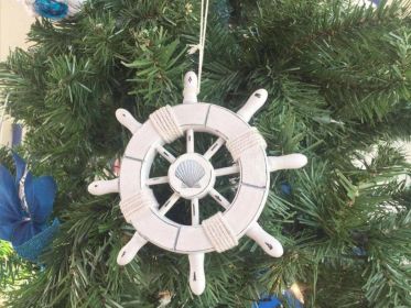 Rustic White Decorative Ship Wheel With Seashell Christmas Tree Ornament  6""