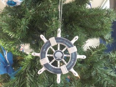 Rustic Dark Blue and White Decorative Ship Wheel With Seashell Christmas Tree Ornament  6""