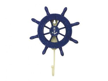 Rustic All Dark Blue Decorative Ship Wheel with Anchor and Hook 8&quot;