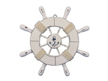 Rustic All White Decorative Ship Wheel With Anchor 9""