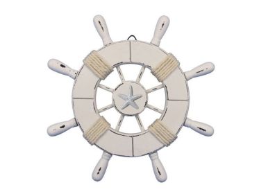 Rustic All White Decorative Ship Wheel With Starfish 9""