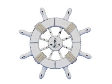 Rustic White Decorative Ship Wheel With Anchor 6""