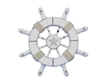 Rustic White Decorative Ship Wheel With Starfish 6""