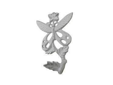 Whitewashed Cast Iron Butterfly on a Branch Decorative Metal Wall Hook 6.5""