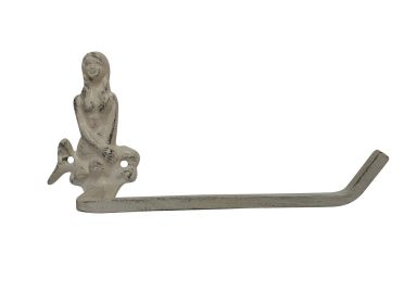 Aged White Cast Iron Mermaid Toilet Paper Holder 10""