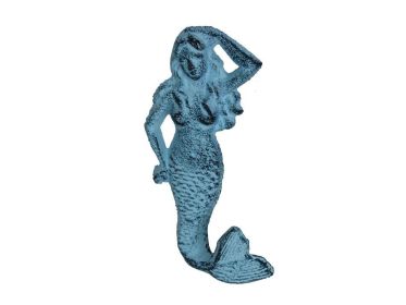 Rustic Dark Blue Whitewashed Cast Iron Mermaid Hook 6""