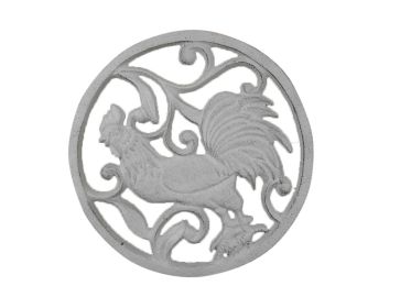 Whitewashed Cast Iron Rooster Trivet 8""