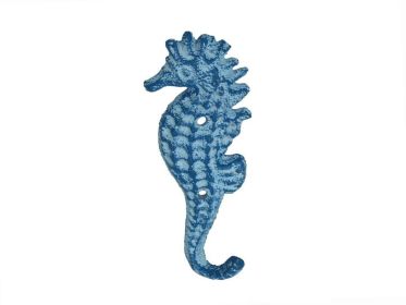 Rustic Light Blue Whitewashed Cast Iron Seahorse Hook 5""