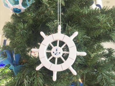 White Decorative Ship Wheel With Anchor Christmas Tree Ornament 6&quot;