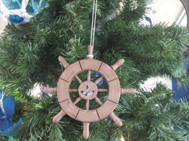 Rustic Wood Finish Decorative Ship Wheel With Anchor Christmas Tree Ornament 6&quot;