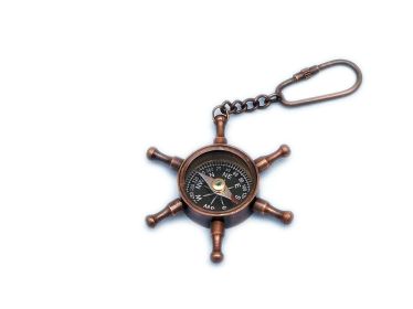 Antique Copper Ship Wheel Compass Key Chain 5""