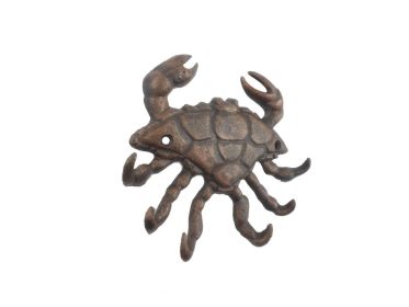 Rustic Copper Cast Iron Decorative Crab with Six Metal Wall Hooks 7""