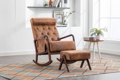 COOLMORE Rocking Chair With Ottoman, Mid-Century Modern Upholstered Fabric Rocking Armchair, Rocking Chair Nursery with Thick Padded Cushion