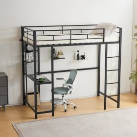 Twin Size Metal Loft Bed with Desk and Storage Shelves, 2 Built-in Ladders & Guardrails, Loft Bed Frame for Teens Juniors Adults, Noise Free