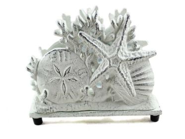 Rustic Whitewashed Cast Iron Seashell Napkin Holder 7""