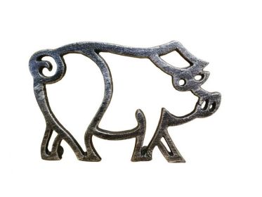 Rustic Silver Cast Iron Pig Shaped Trivet 8""