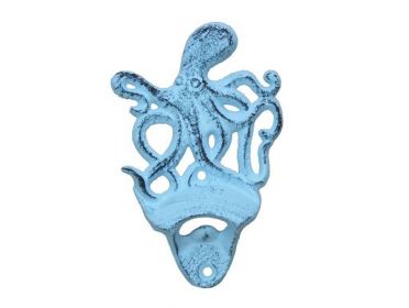 Dark Blue Whitewashed Cast Iron Wall Mounted Octopus Bottle Opener 6""