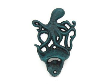 Seaworn Blue Cast Iron Wall Mounted Octopus Bottle Opener 6""