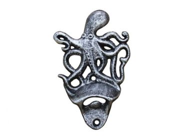 Antique Silver Cast Iron Wall Mounted Octopus Bottle Opener 6""