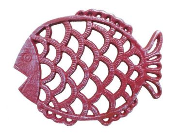 Rustic Red Whitewashed Cast Iron Big Fish Trivet 8""