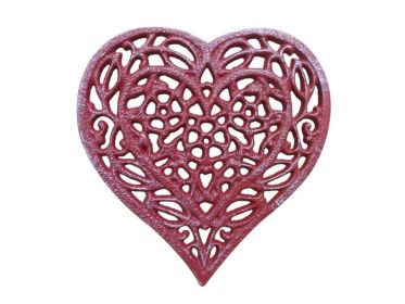 Rustic Red Whitewashed Cast Iron Heart Shaped Trivet 7""