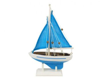 Wooden Light Blue with Light Blue Sails Pacific Sailer Model Sailboat Decoration 9""