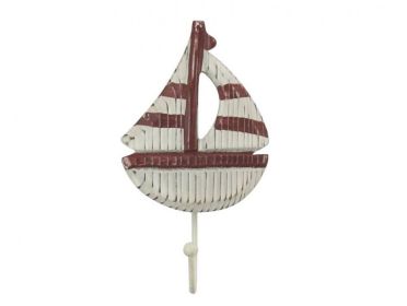 Wooden Rustic Decorative Red and White Sailboat with Hook 7&quot;