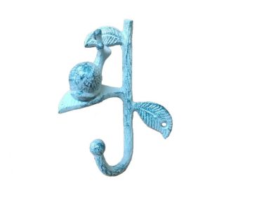 Rustic Dark Blue Whitewashed Cast Iron Decorative Snail Hook 6""