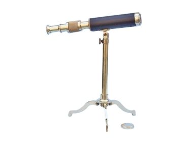 Solid Brass Telescope on Stand 17"" - Leather