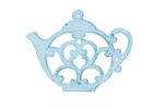 Rustic Dark Blue Whitewashed Cast Iron Round Teapot Trivet 8""