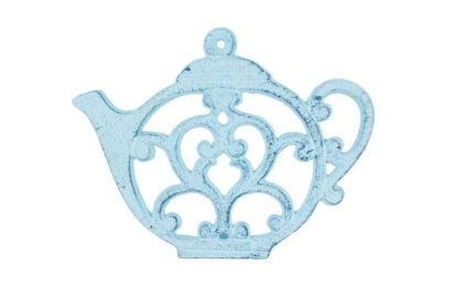 Rustic Dark Blue Whitewashed Cast Iron Round Teapot Trivet 8""