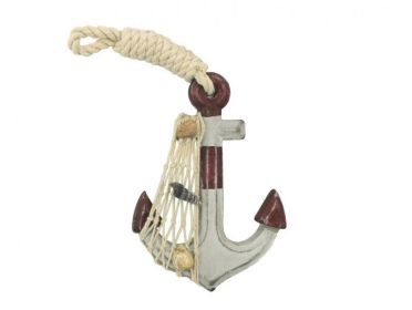 Wooden Rustic Decorative Red and White Anchor 6""