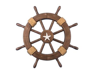 Rustic Wood Finish Decorative Ship Wheel with Starfish 18""