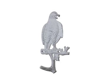 Whitewashed Cast Iron Eagle Sitting on a Tree Branch Decorative Metal Wall Hook 6.5""