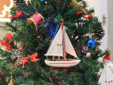 Wooden Red Sailboat Model Christmas Tree Ornament 9""