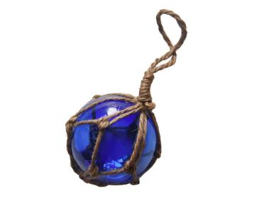 Blue Japanese Glass Ball Fishing Float With Brown Netting Decoration 3""