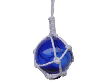 Blue Japanese Glass Ball Fishing Float With White Netting Decoration 2""