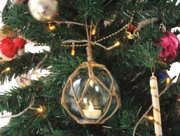 LED Lighted Clear Japanese Glass Ball Fishing Float with Brown Netting Christmas Tree Ornament 3""