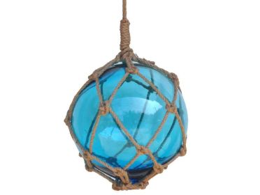 Light Blue Japanese Glass Ball Fishing Float With Brown Netting Decoration 12""