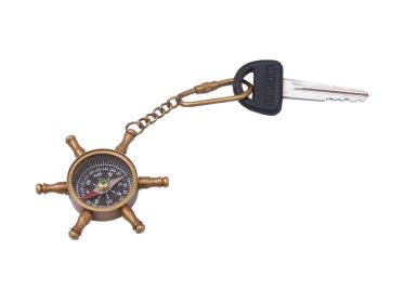 Antique Brass Ship's Wheel Compass Key Chain 5""