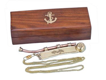 Solid Brass/Copper Bosun Whistle 6"" w/ Rosewood Box