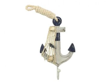 Wooden Rustic Decorative Blue and White Anchor with Hook 7&quot;