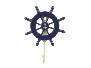 Dark Blue Decorative Ship Wheel with Anchor and Hook 8&quot;