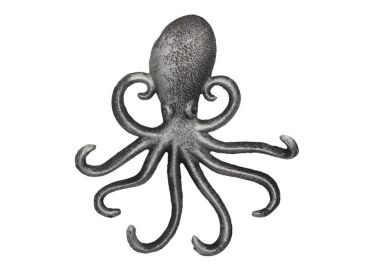 Rustic Silver Cast Iron Wall Mounted Octopus Hooks 7""