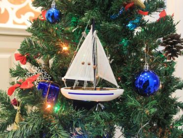 Wooden Blue Sailboat Christmas Tree Ornament 9""